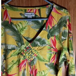 Caribbean Tropical Palm Print Woven Neck Top Resort Vacation Bright XL Yellow
